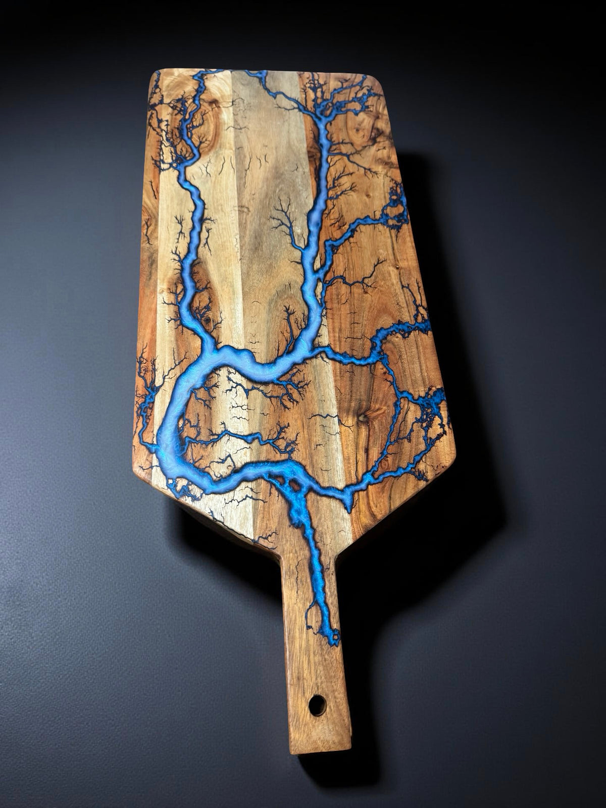 Premium iridescent blue paddle board 740 x 300mm fractal burning artwork Australian resin board brand