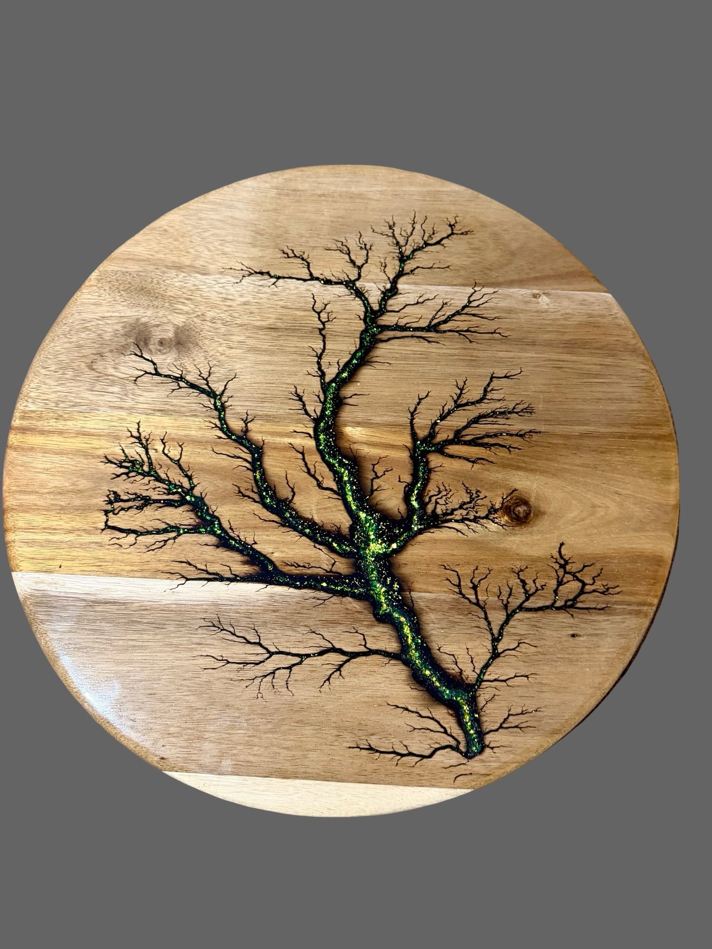 Handmade resin lazy Susan crafted from Australian timber with unique fractal burning art