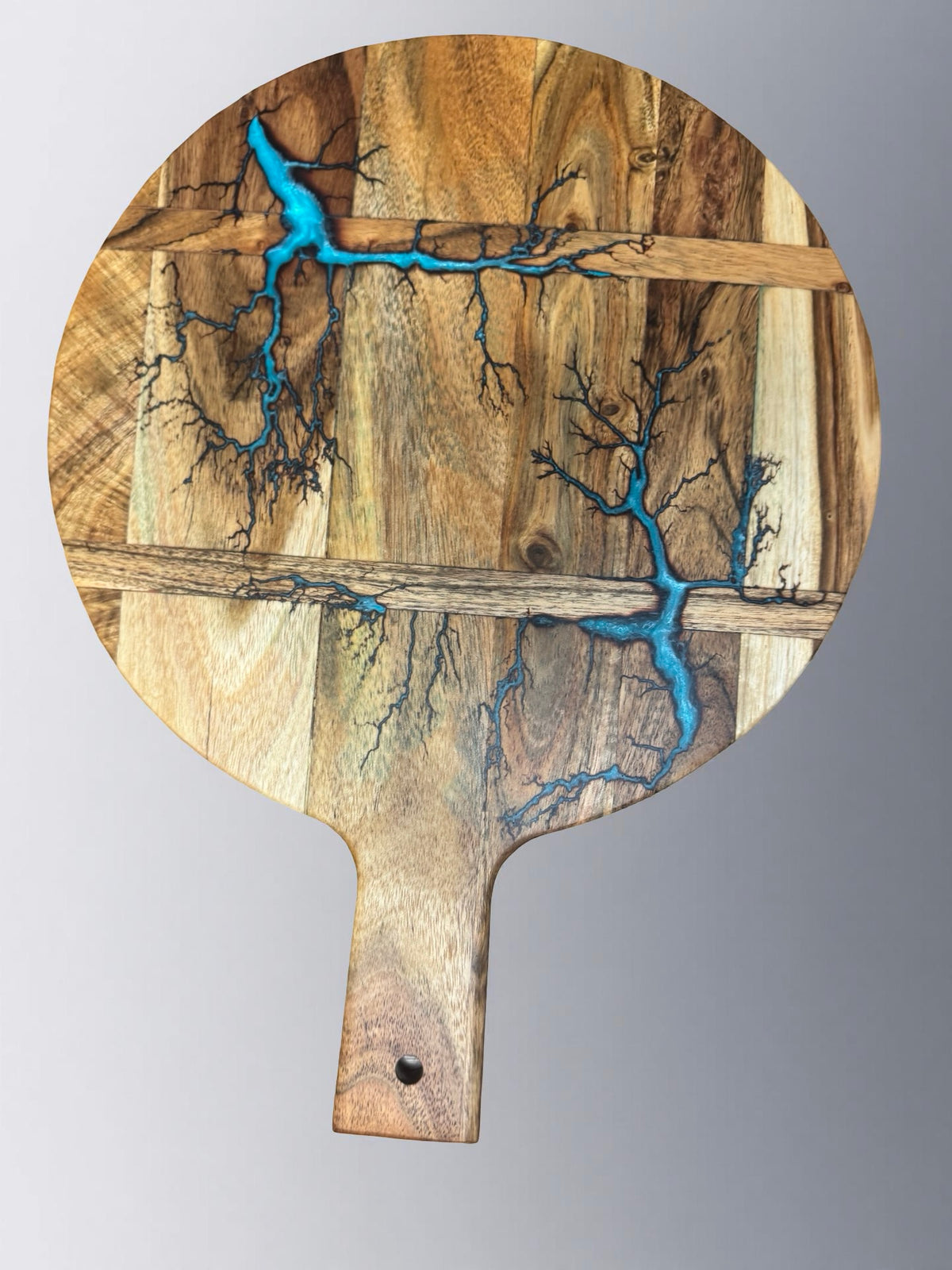 Round acacia cheese paddle lagoon blue resin art luxury serving board east gippsland