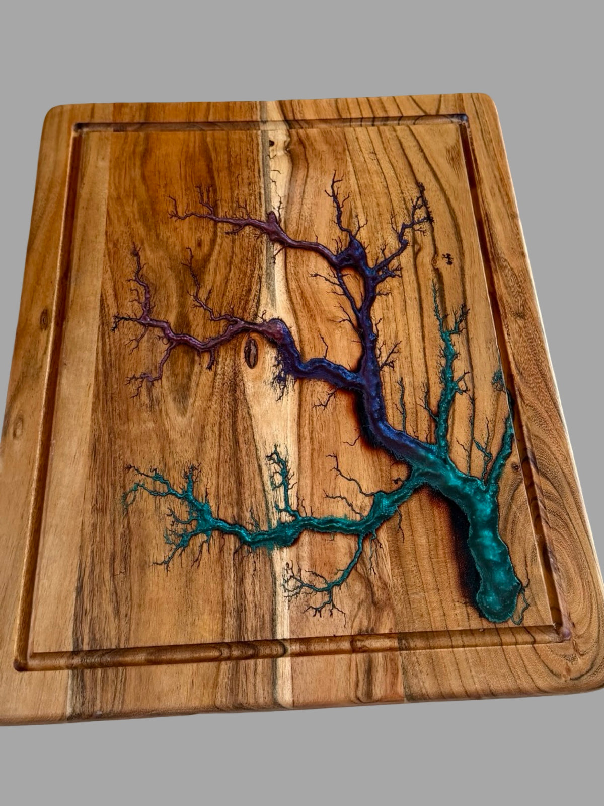 Large Australian acacia chopping board featuring vibrant blue, green and purple resin art with handcrafted fractal burning, one of a kind premium timber kitchen board made in Australia
