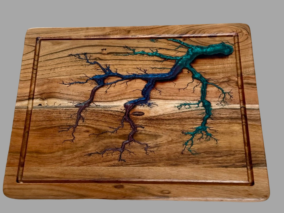     One of a kind large acacia kitchen board showcasing bold blue, emerald green and purple resin art with handcrafted fractal burning, Australian made timber gift