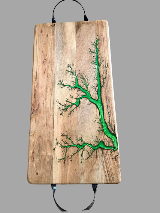 500mm x 250mm Australian acacia serving board with black metal handles, shimmering green resin art and handcrafted fractal burning, ideal as a cheese board, charcuterie board, grazing platter or stylish kitchen serving board