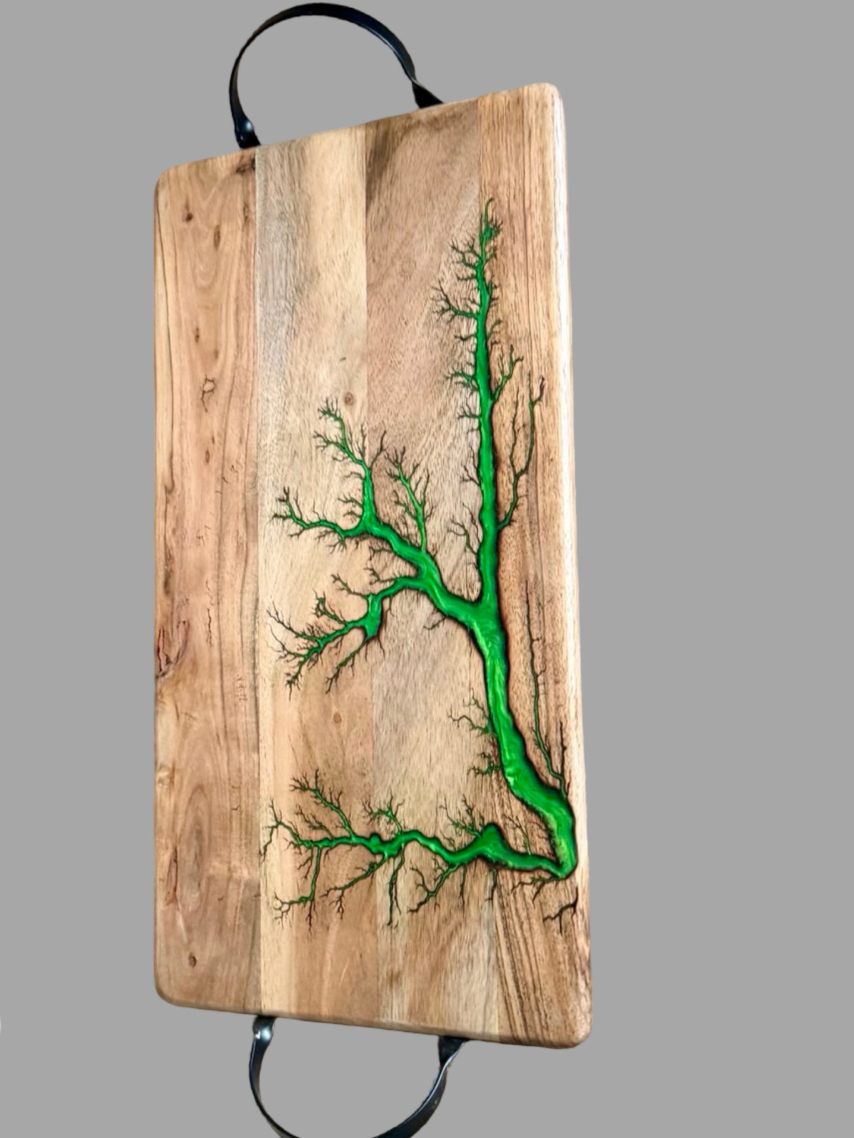 Australian acacia charcuterie and cheese board with black metal handles, vibrant green resin inlay and unique fractal burning, perfect for grazing platters, entertaining and kitchen serving