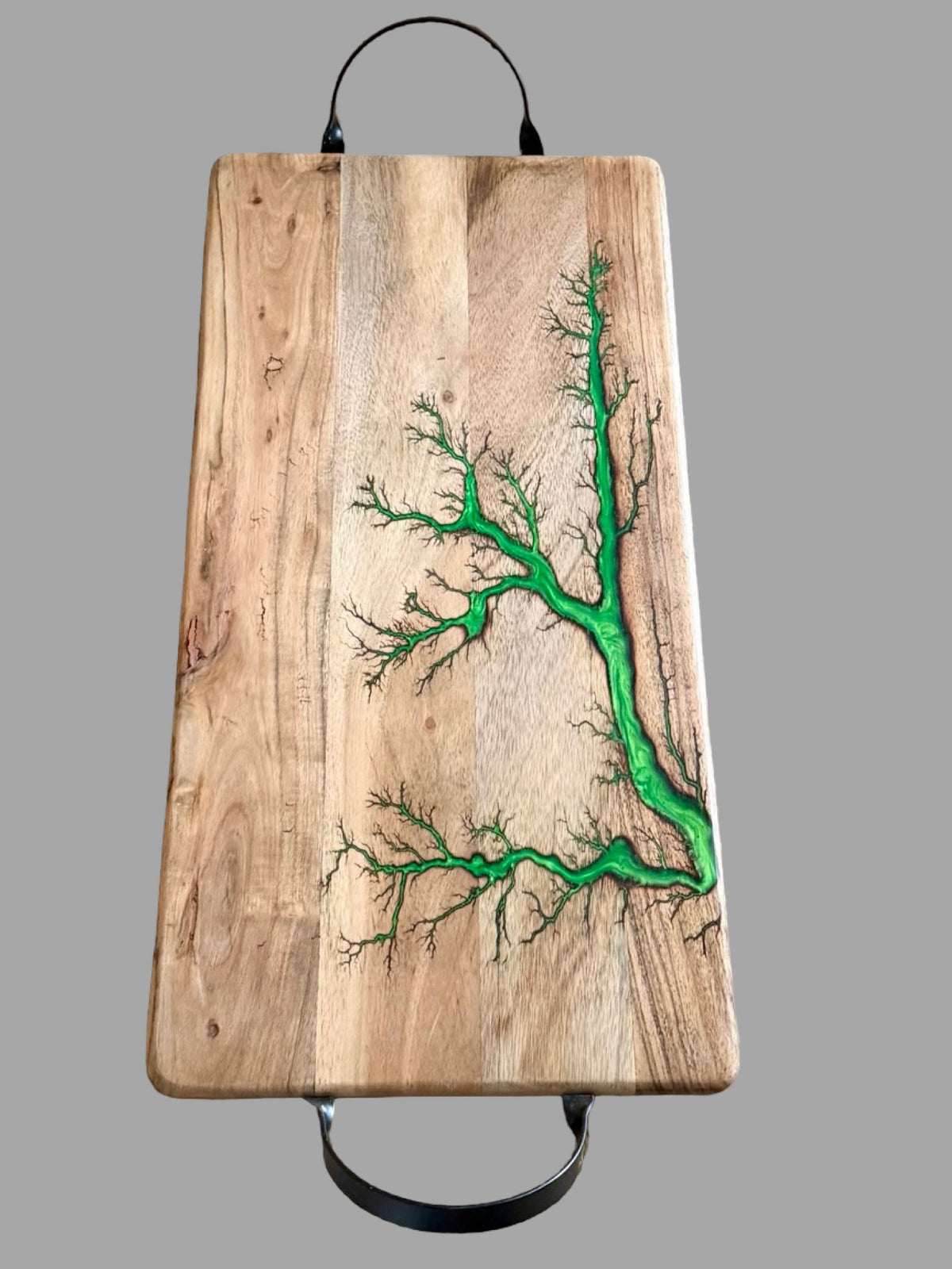 500 x 250 x 12mm acacia grazing platter with black metal handles, sparkling green resin artwork and handcrafted fractal burning, versatile serving board for cheese, charcuterie, antipasto and kitchen entertaining