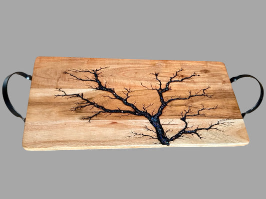    500mm x 250mm Australian acacia serving board with black metal handles, sparkling blue resin art and handcrafted fractal burning, premium entertaining board made in Australia
