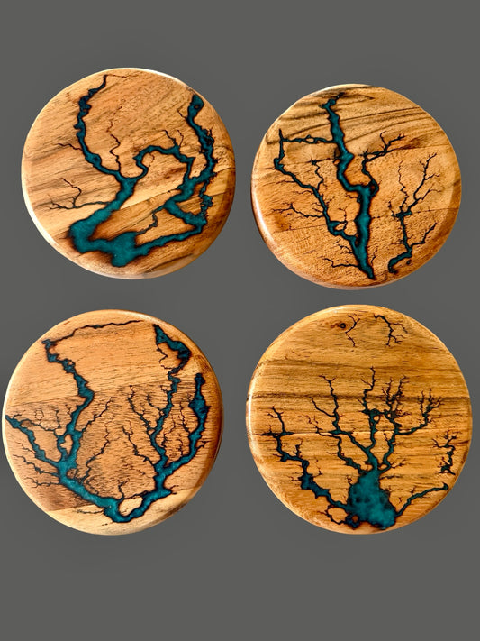 Luxury set of four acacia coasters with marine green resin inlay, handcrafted from premium hardwood, Australia