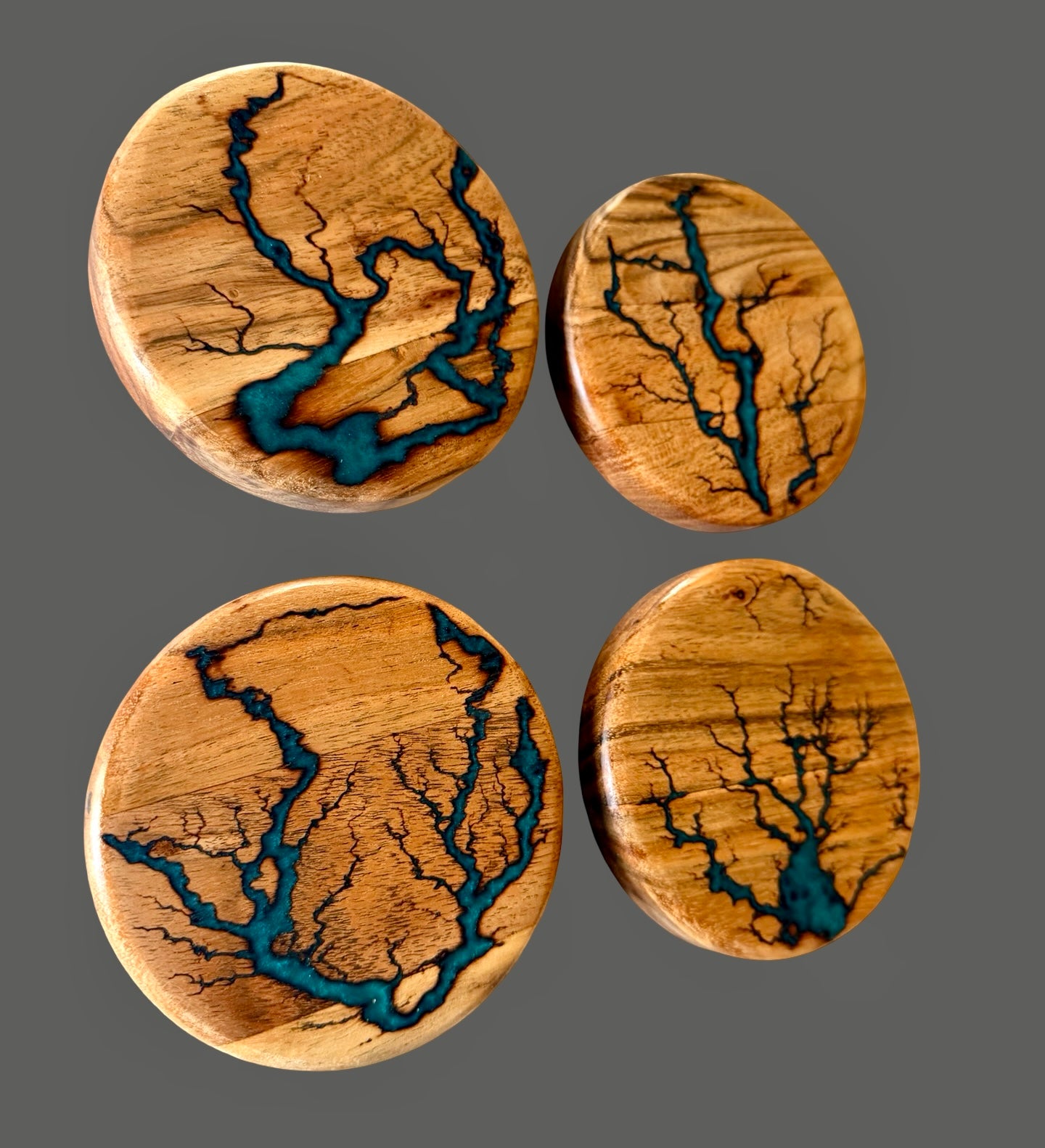 Marine green resin and acacia timber coaster set of four with artisan fractal burning, handmade in East Gippsland