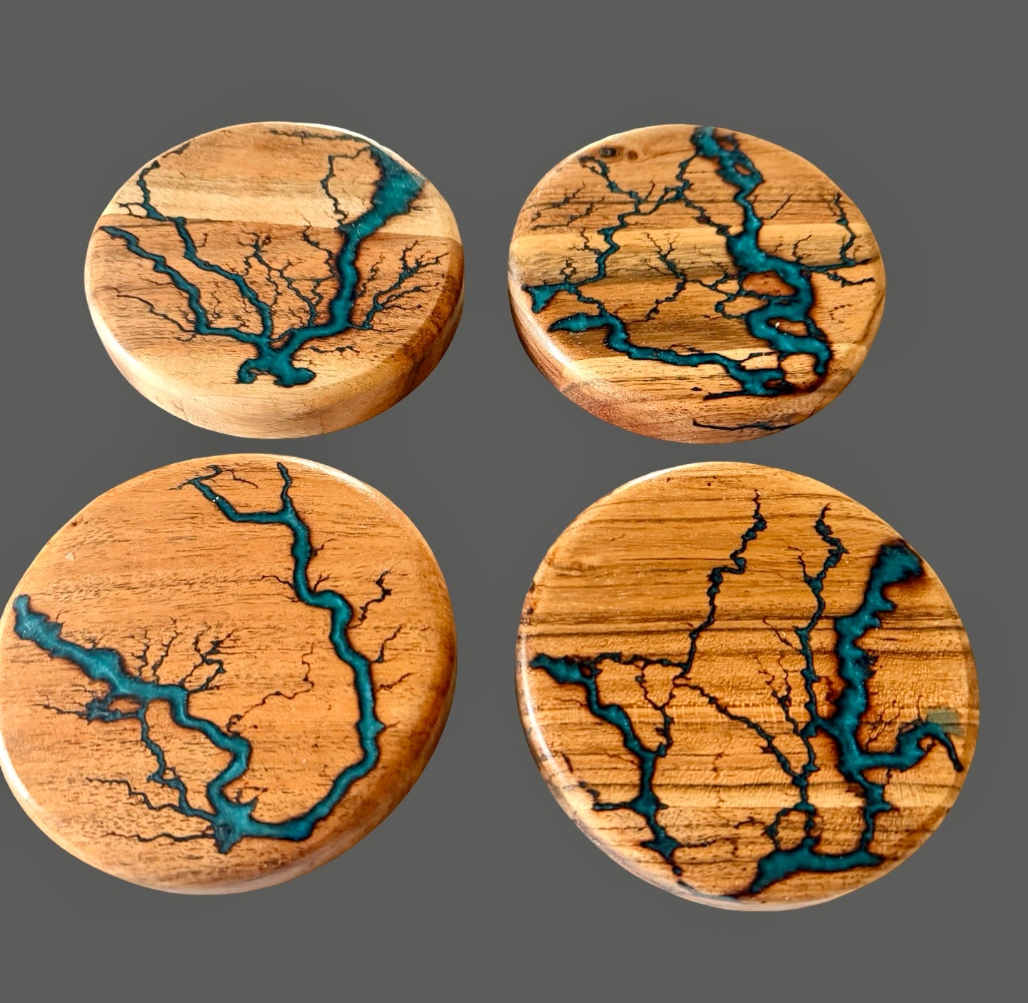 Handmade acacia coaster set of four with marine green resin and unique timber grain, East Gippsland