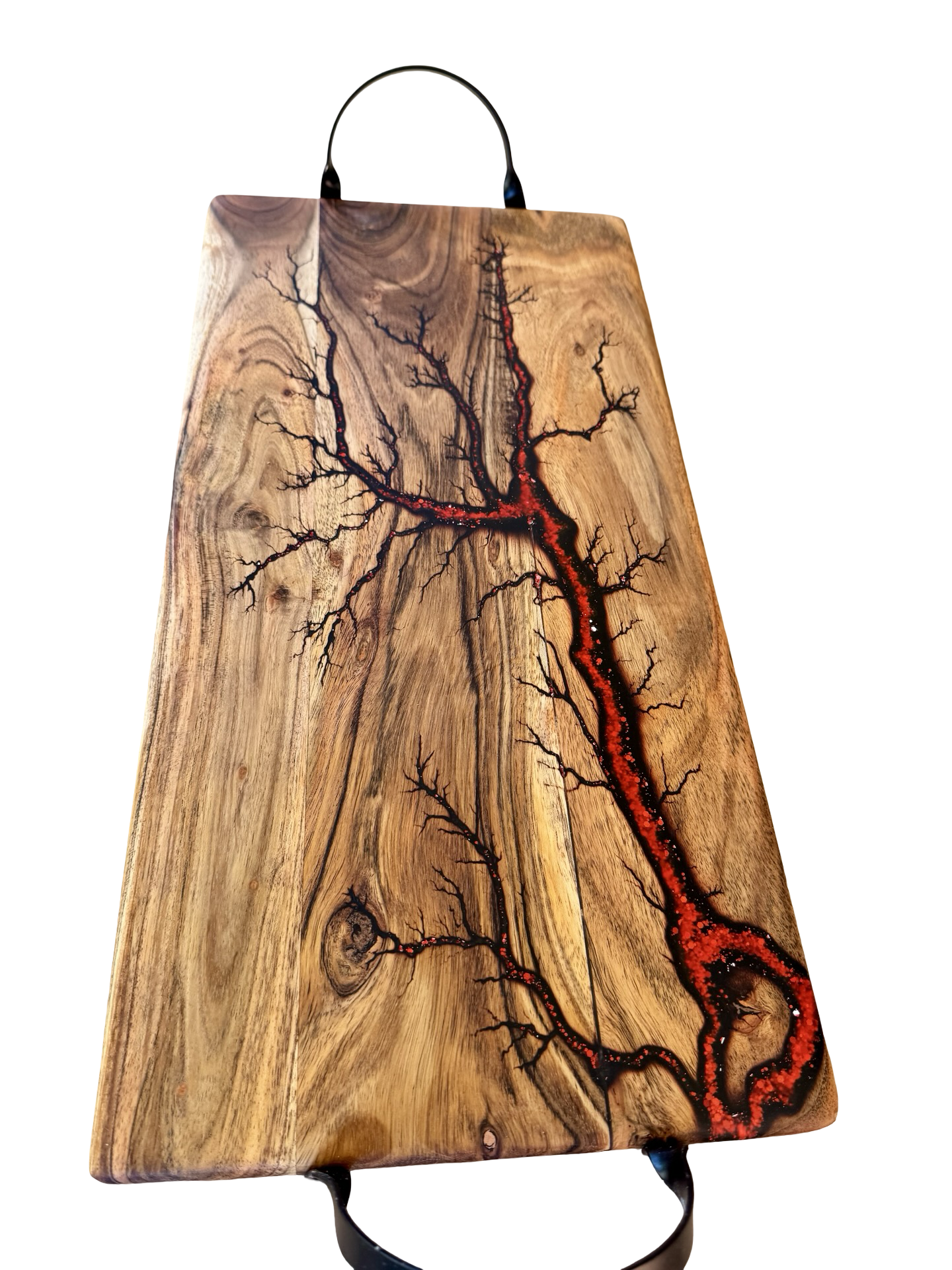 Serving board with Sparkling Red Resin Art Made By Fractal Flow Design, Quality Australian Made Resin Boards