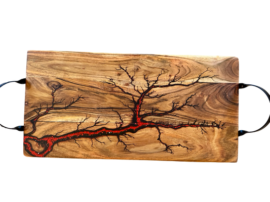 Sparkling red resin river board, premium Australian timber serving piece, East Gippsland Victoria with nation wide shipping