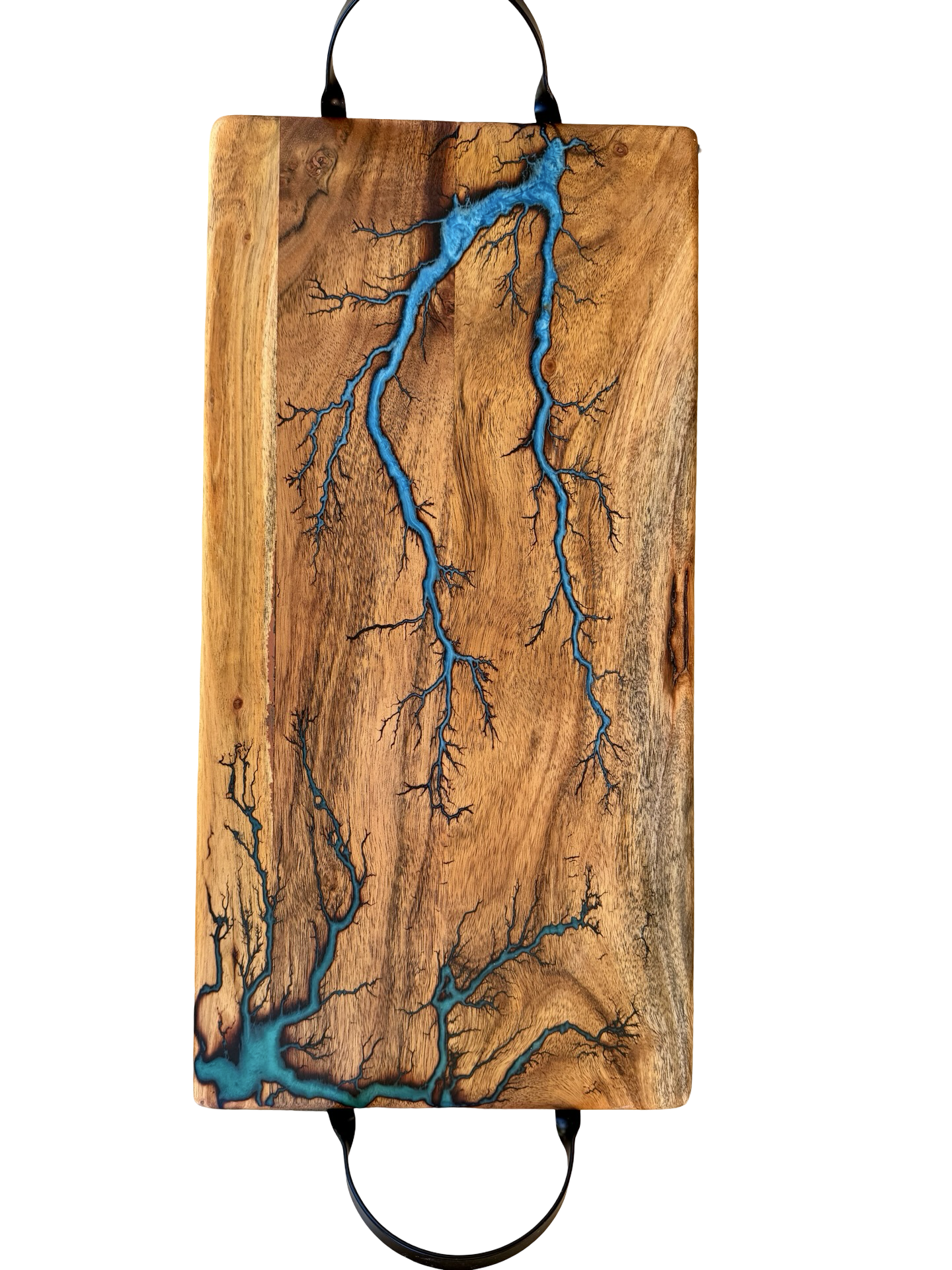 Handmade blue and green resin entertaining board with metal handles, artisan hardwood craftsmanship, Australian resin boards