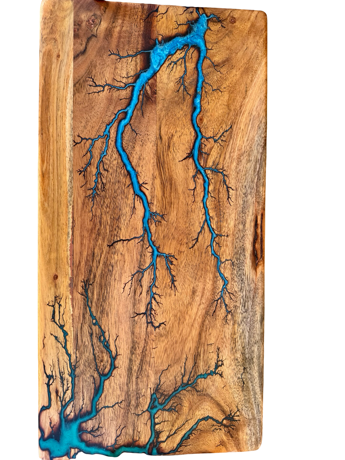 Premium blue and green resin serving board, black metal handles and hardwood craftsmanship, East Gippsland Australia