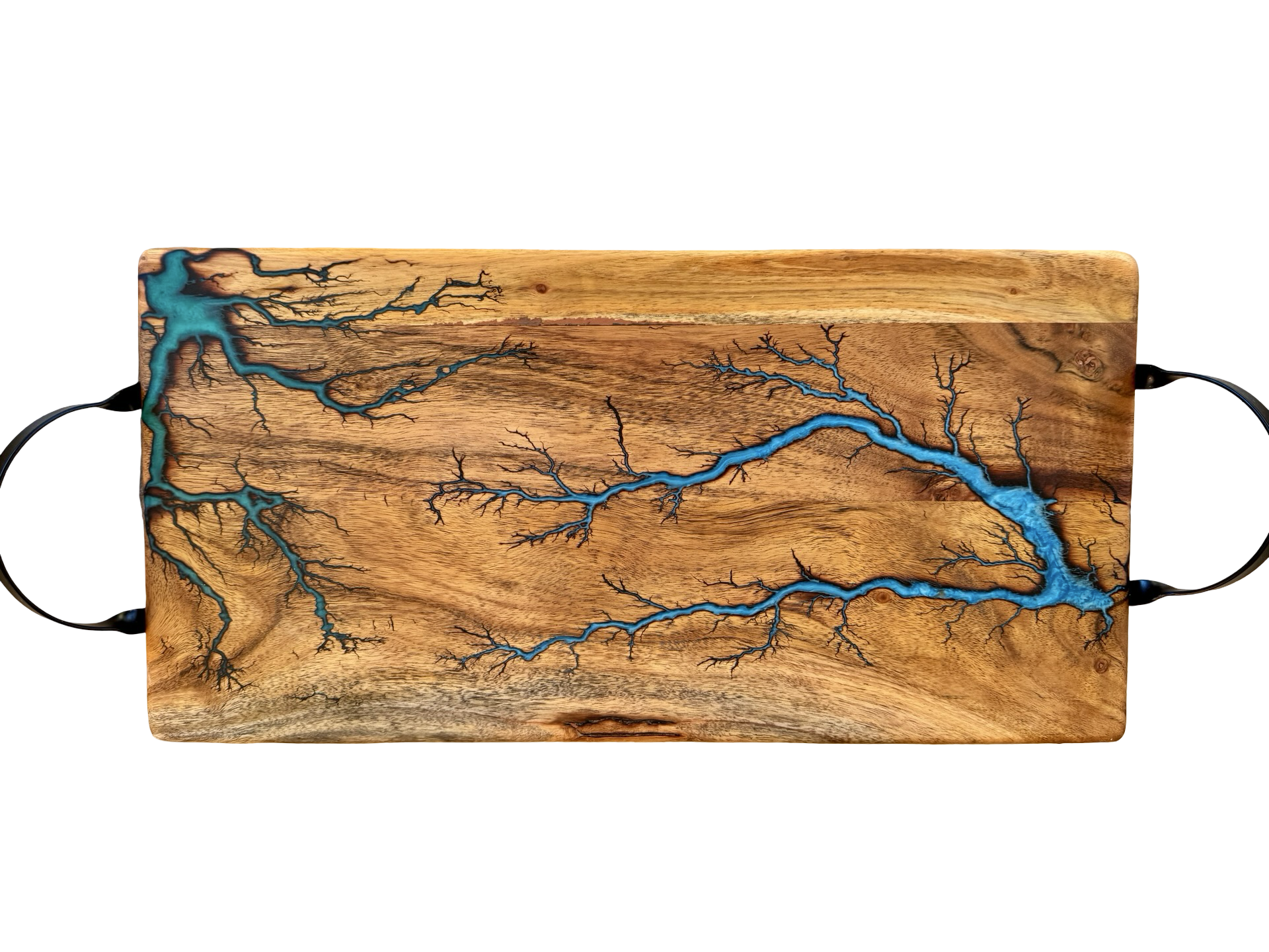 Blue and green resin grazing board with black handles, handcrafted Australian timber board, East Gippsland artisan made