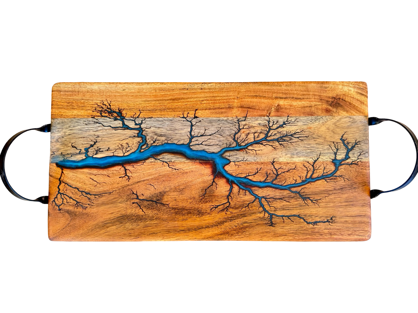 amazing sky blue coloured resin art serving board made by fractal flow designs Australia's best resin boards