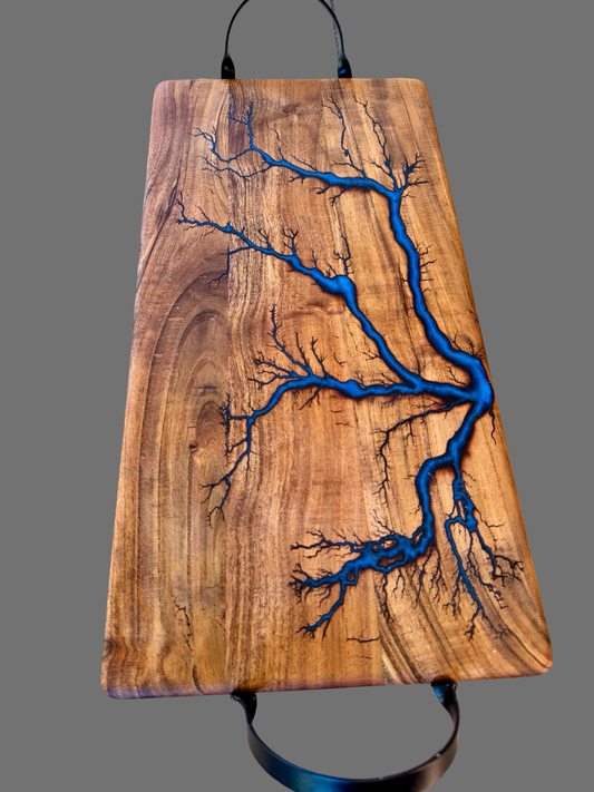 Deep sapphire blue resin grazing board, handcrafted hardwood serving piece, East Gippsland Australia