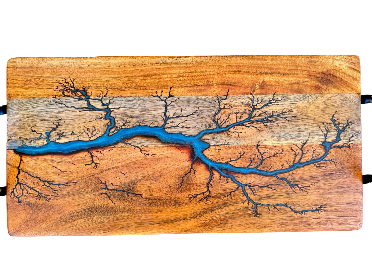 Sky blue resin serving board, handcrafted Australian timber board, East Gippsland artisan made