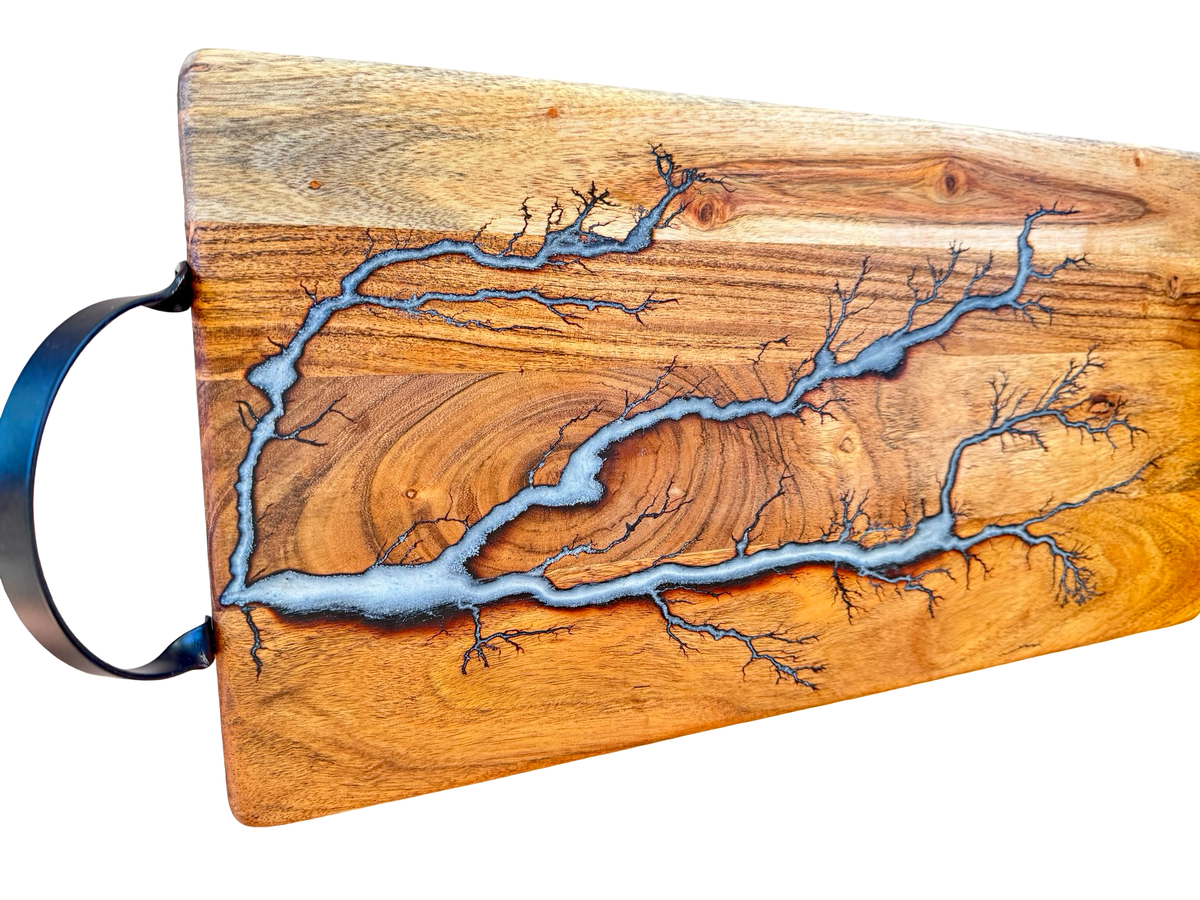 Silver resin charcuterie board with metal handles, premium Australian timber construction, Bairnsdale artisan made