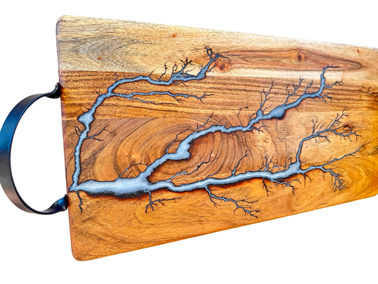Silver resin charcuterie board with metal handles, premium Australian timber construction, Bairnsdale artisan made