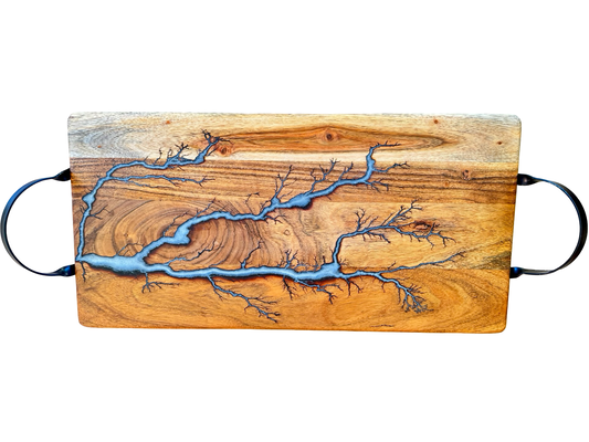 Silver and grey resin serving board with black handles, Australian-made timber craftsmanship, Bairnsdale Victoria