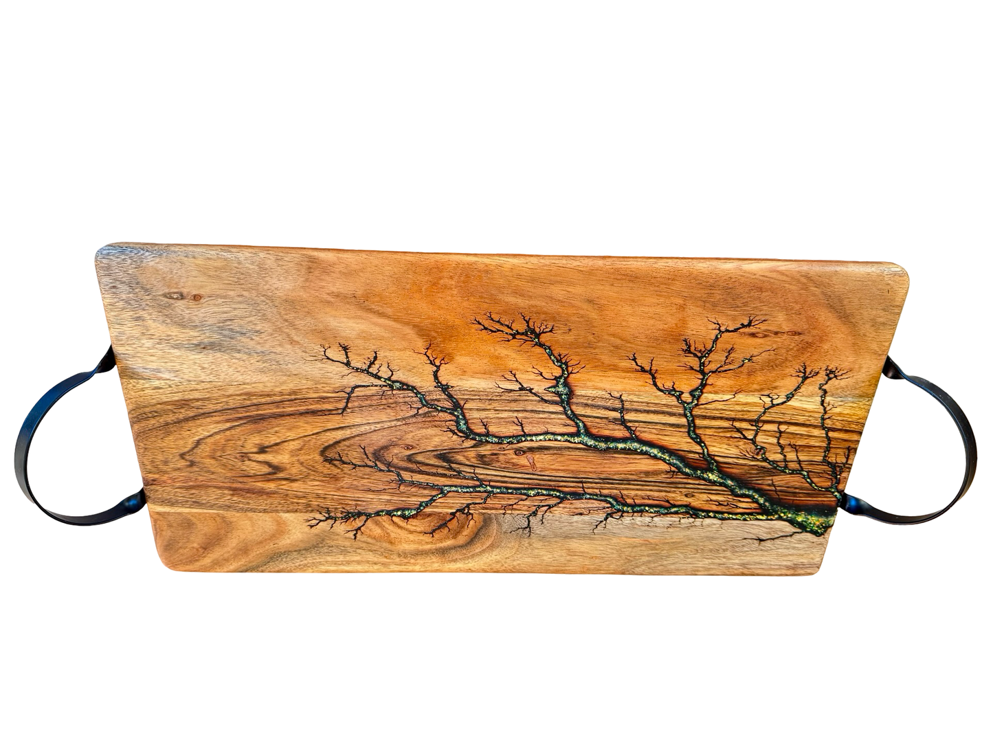 Australian handmade gold shimmer platter board, premium resin artwork with black metal handles, East Gippsland artisan made