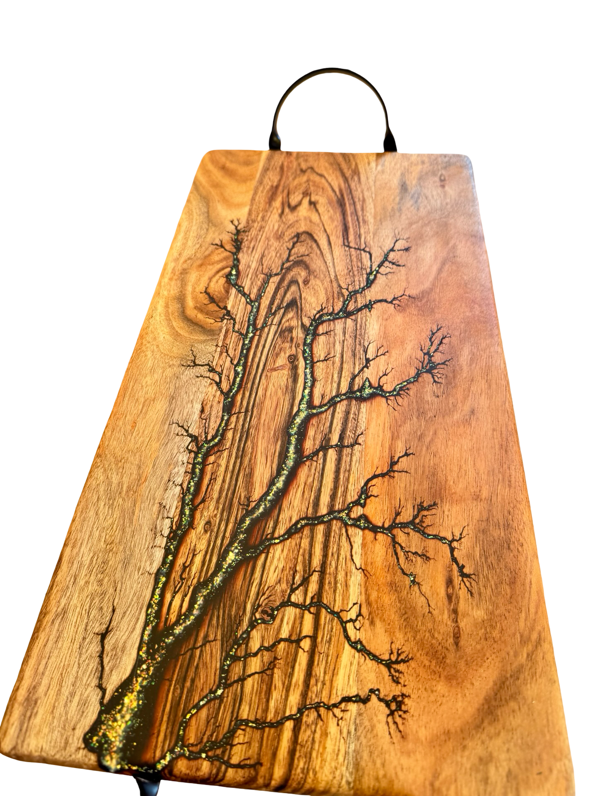 Gold glitter resin platter board with metal handles, Australian-made timber craftsmanship, East Gippsland Victoria