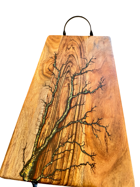 Gold glitter resin platter board with metal handles, Australian-made timber craftsmanship, East Gippsland Victoria