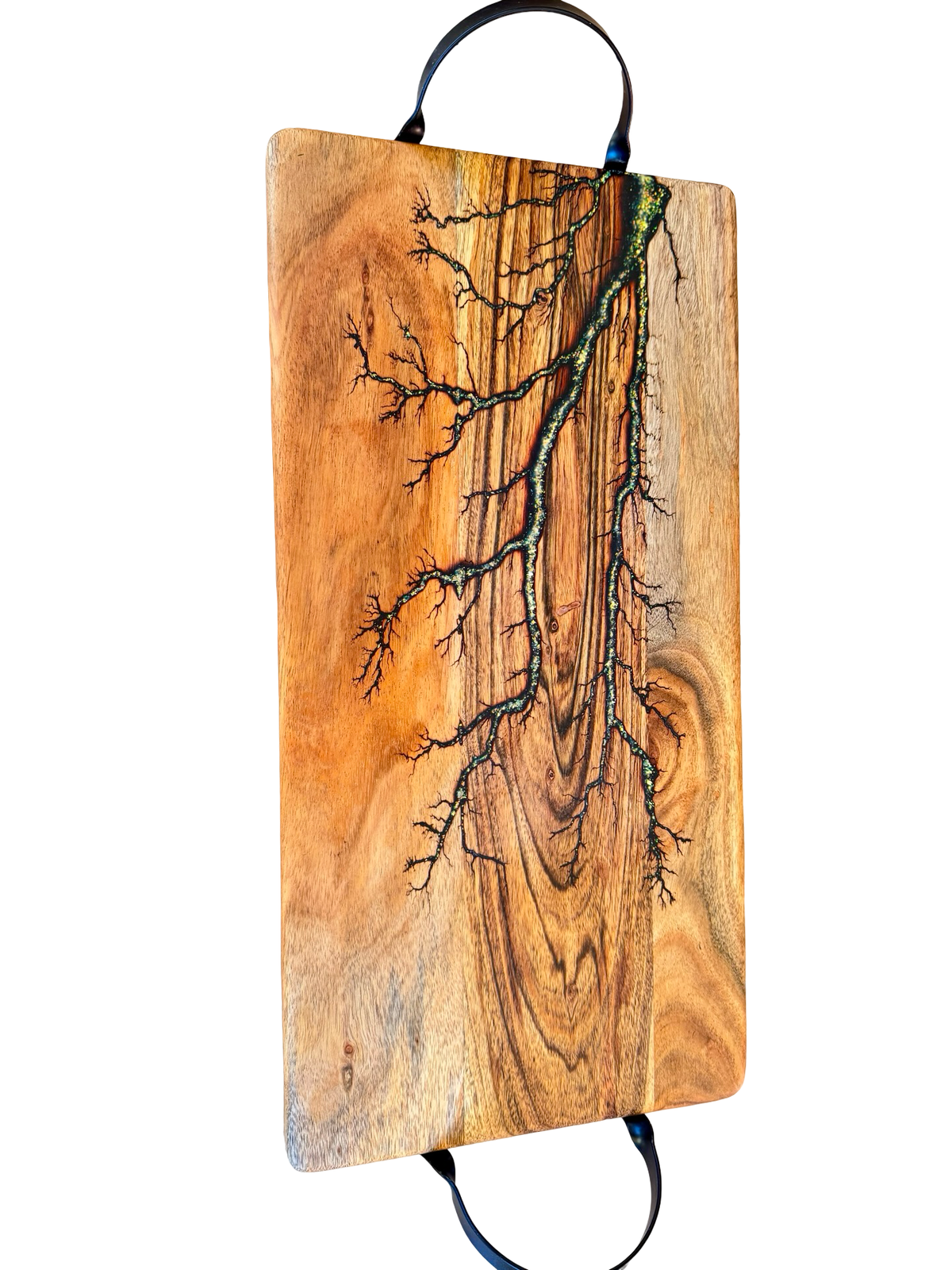 Handmade gold sparkle charcuterie board with metal handles, artisan hardwood serving piece, East Gippsland Australia