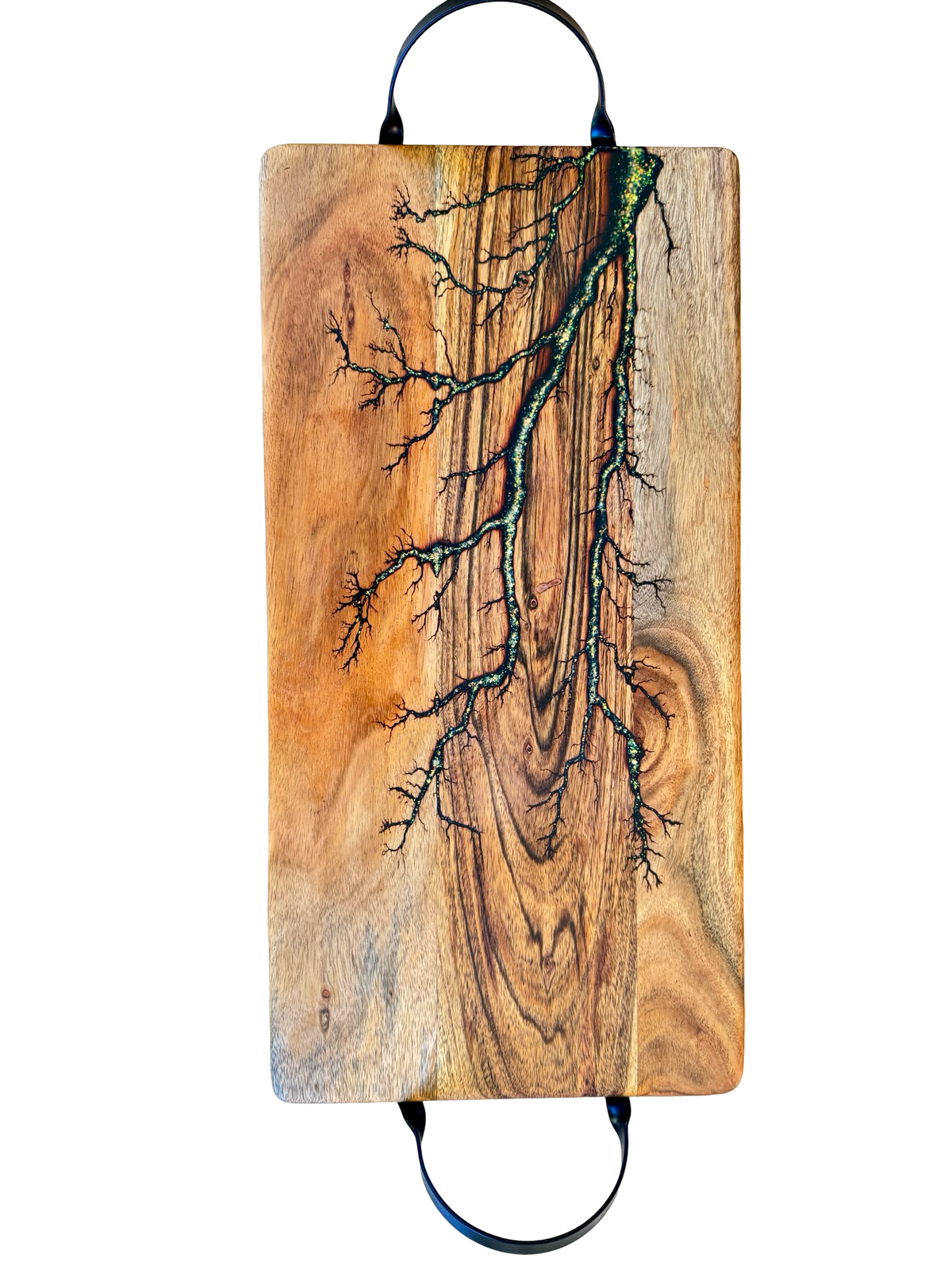 Premium gold glitter serving platter, Australian-made hardwood board with black handles, East Gippsland