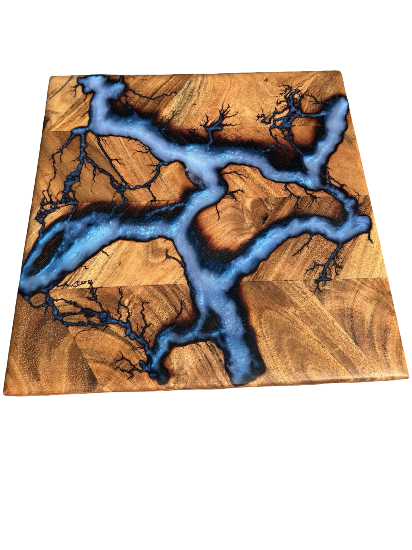 Iridescent blue resin chopping board Australian timber cutting board East Gippsland handmade Fractal Flow Designs