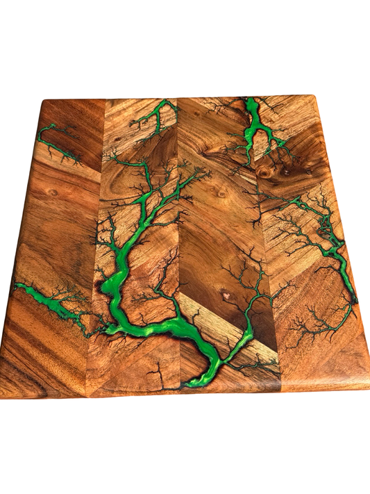 Green resin chopping board handmade in East Gippsland Australia by Fractal Flow Designs Australian timber charcuterie serving board