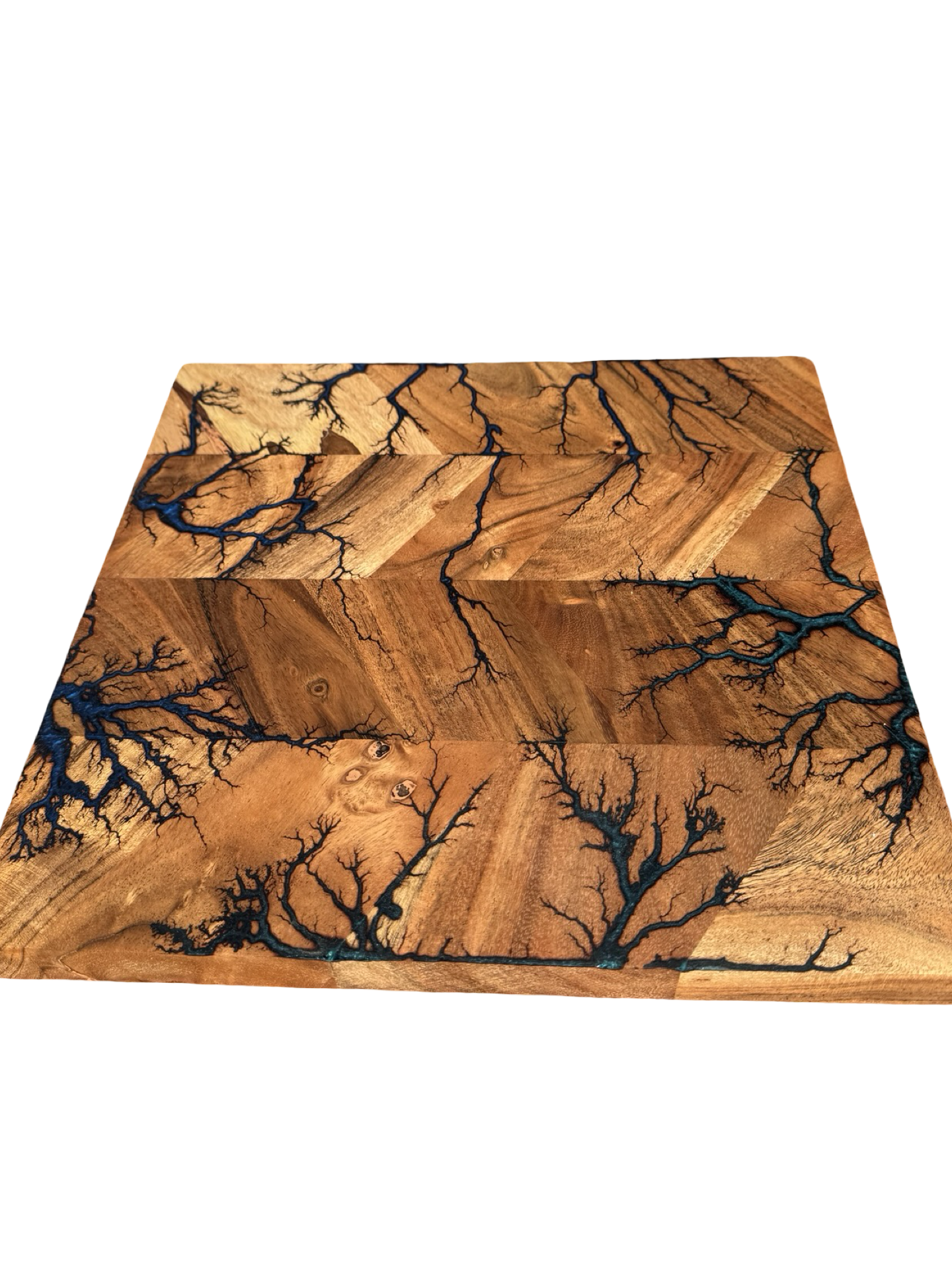 Dark blue resin herringbone chopping board handmade in East Gippsland Australia by Fractal Flow Designs Australian timber charcuterie serving board