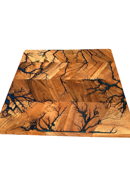 Dark blue resin herringbone chopping board handmade in East Gippsland Australia by Fractal Flow Designs Australian timber charcuterie serving board