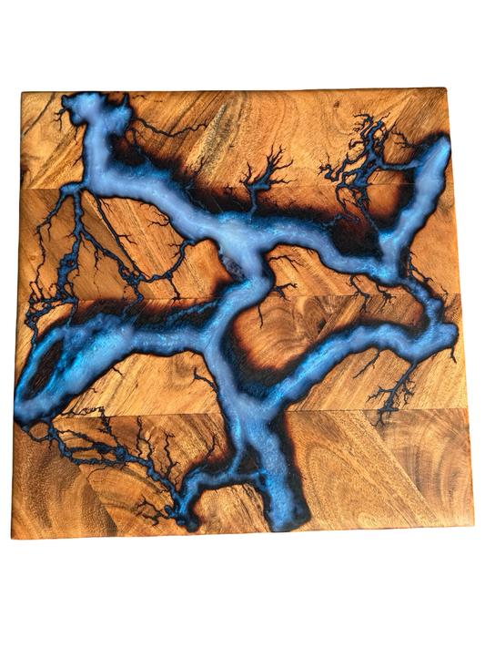 Iridescent blue resin cutting board Australia handcrafted timber chopping board East Gippsland Fractal Flow Designs