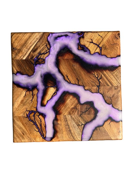 Purple iridescent resin chopping board square handmade in East Gippsland Australia by Fractal Flow Designs Australian timber