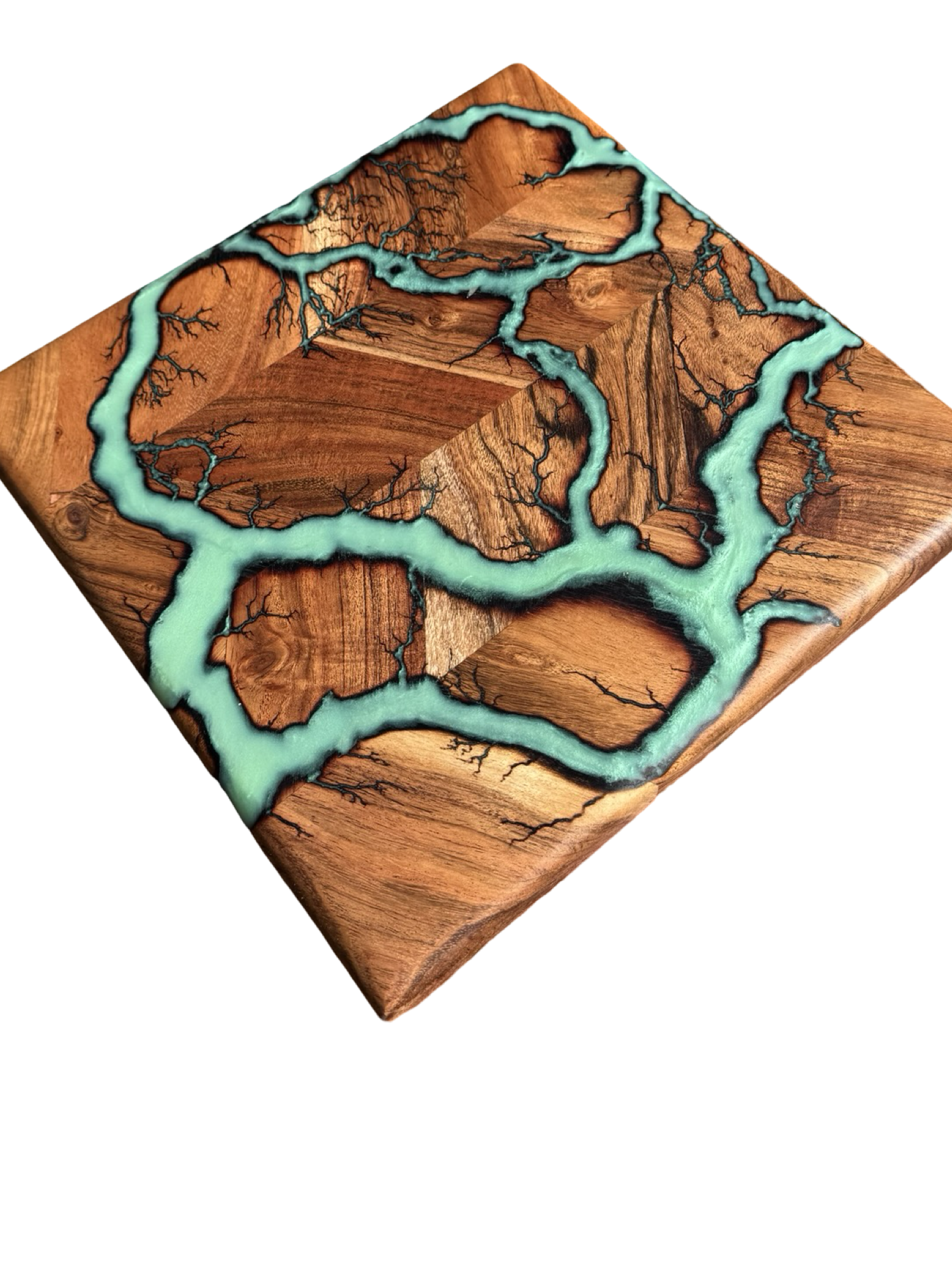 Iridescent green resin chopping board handmade in East Gippsland Australia by Fractal Flow Designs Australian timber cutting board