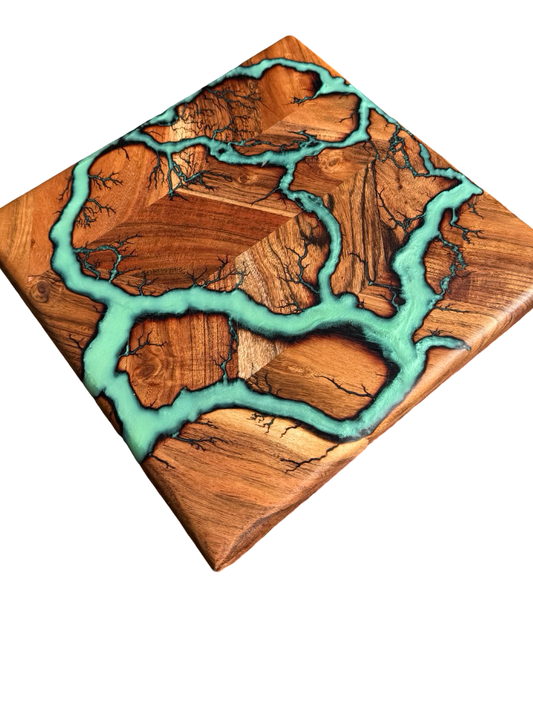 Iridescent green resin chopping board handmade in East Gippsland Australia by Fractal Flow Designs Australian timber cutting board